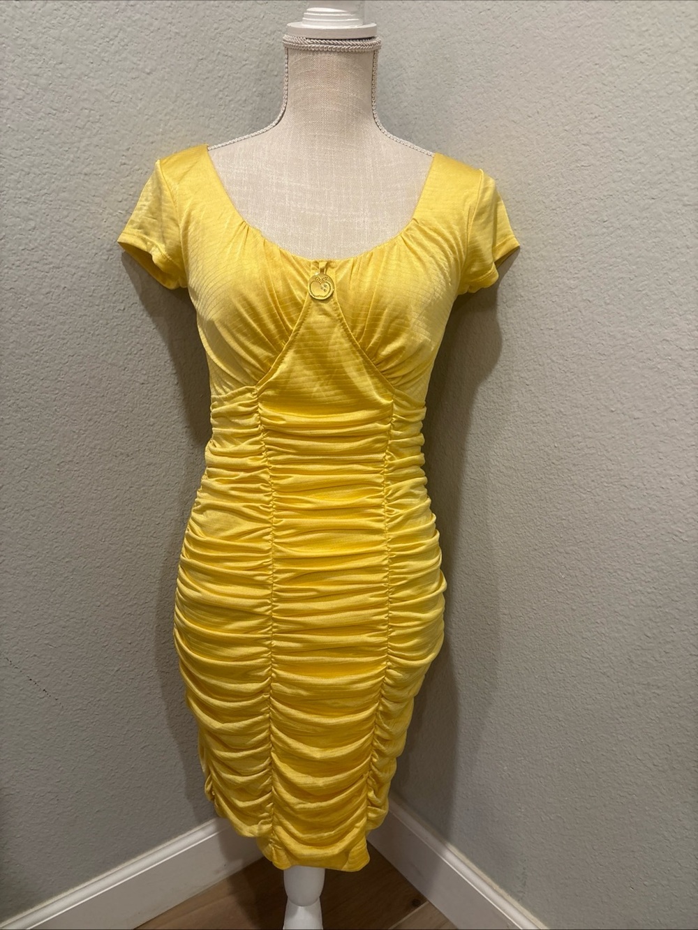 Apple Bottoms Yellow Ruched Bodycon Dress with Scoop Neck Y2K